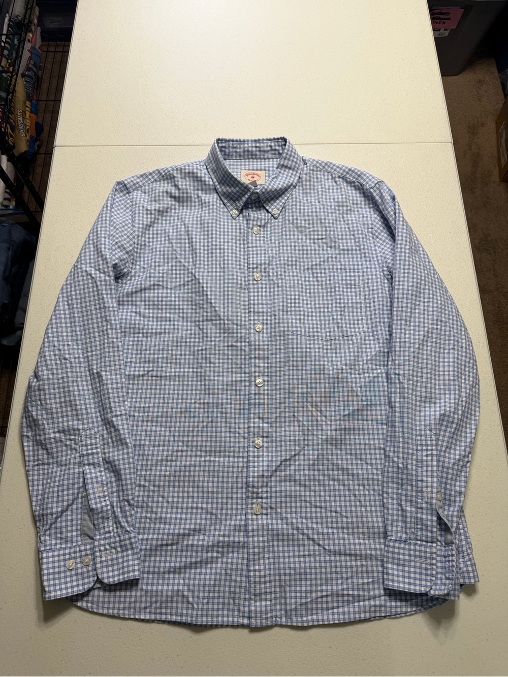 brooks brothers red fleece shirt men large blue white striped long sleeve preppy